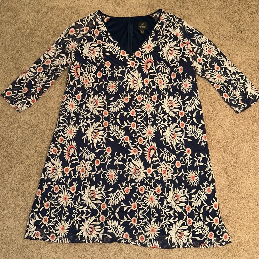 Adrianna Papell 3/4 Sleeve Sheath Embroidered Floral Blue Pink Cream Dress 18W